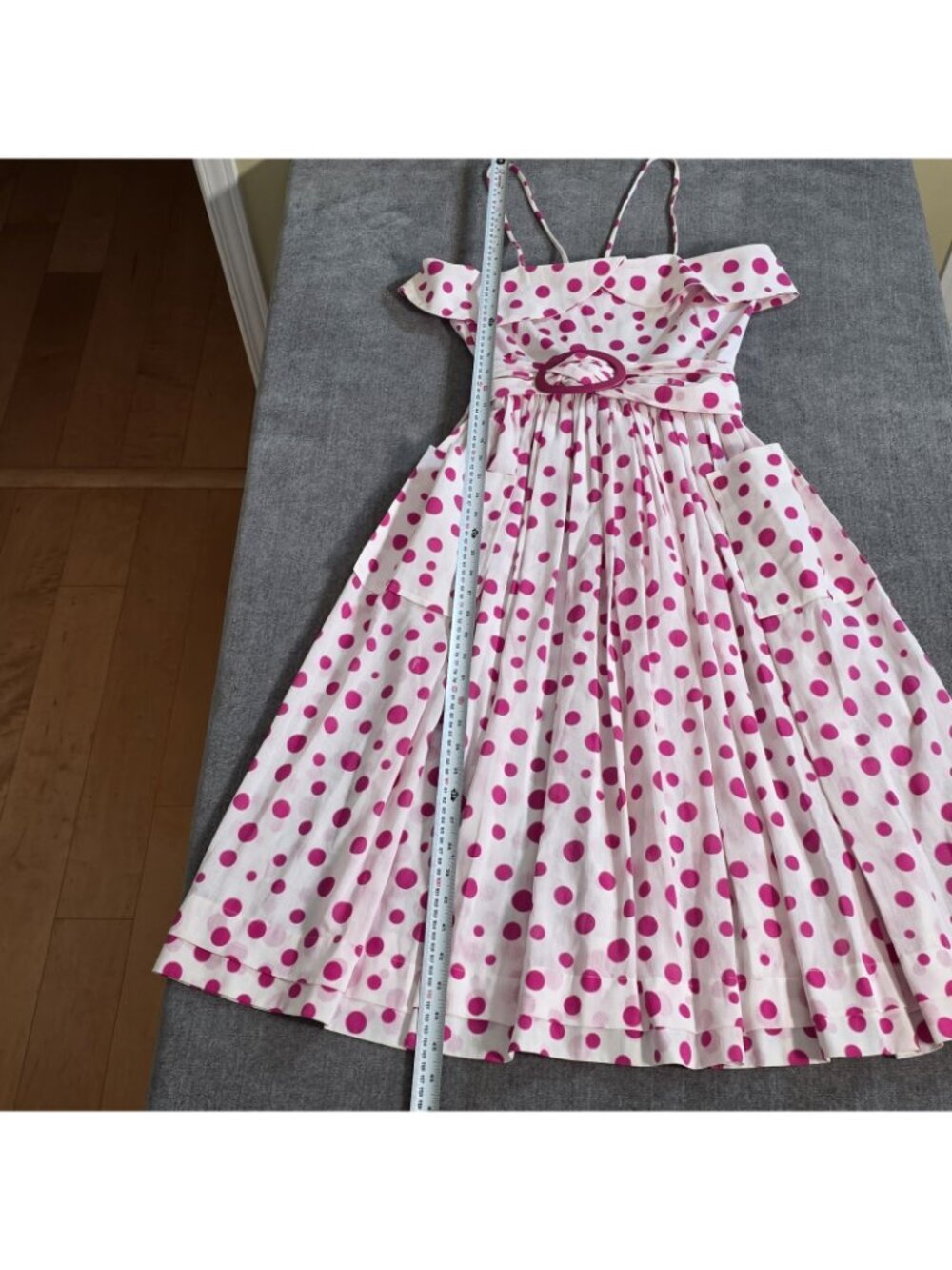 Vtg Bessi Firenze Italy Dress US 8 Pink Polka Dot Cotton Belted Midi Retro Chic - Picture 7 of 16